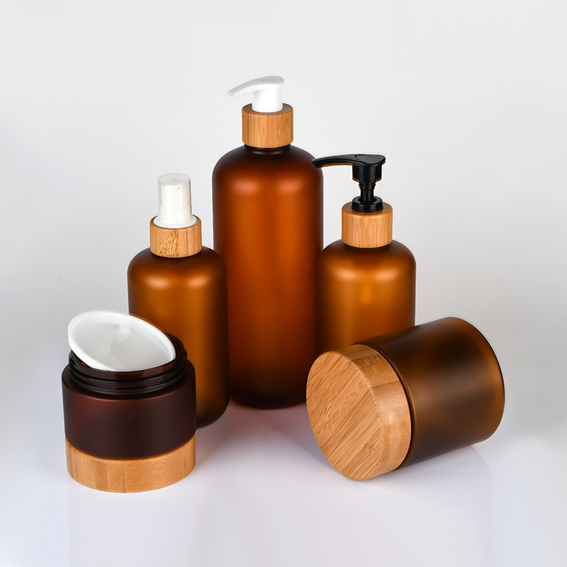 Eco-friendly PET Amber Frosted Bottle Set 250ml 500ml Plastic Lotion Pump Bottle 8oz 250g Body Butter Cream Jar with Bamboo Lid