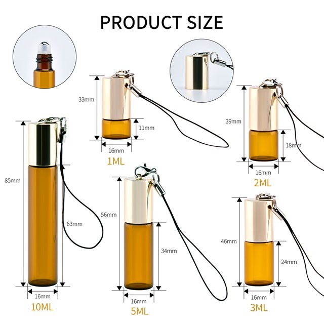 5ml Amber Glass Rollerball Bottle with Custom Logo & Keychain Travel Size Essential Oil Perfume Sample Bottle for OEM/ODM
