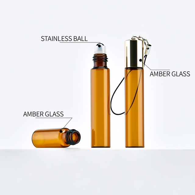 5ml Amber Glass Rollerball Bottle with Custom Logo & Keychain Travel Size Essential Oil Perfume Sample Bottle for OEM/ODM