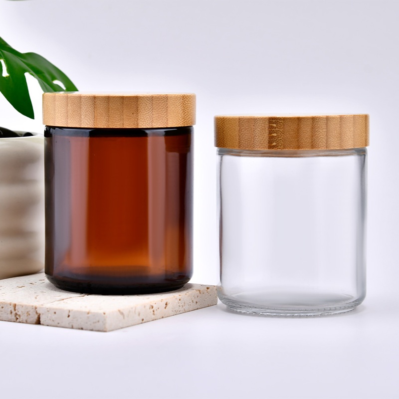 Empty 100ml 150ml 250ml 500ml Clear Amber Round Wax Container Glass Candle Jars With Bamboo Lid