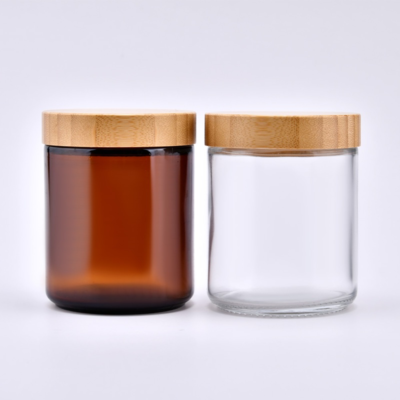 Empty 100ml 150ml 250ml 500ml Clear Amber Round Wax Container Glass Candle Jars With Bamboo Lid